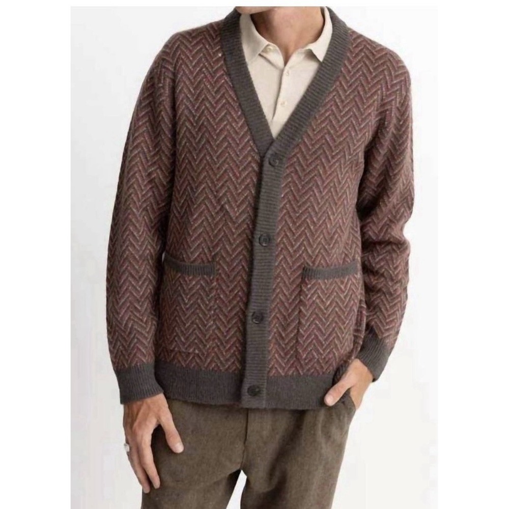 Rhythm Mohair Herringbone Cardigan Mens LG Brown Red Wool Blend Button Sweater